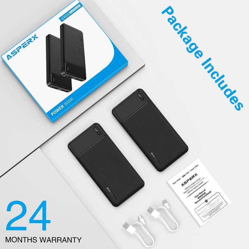 Asperx 2 Pack 10000Mah Power Bank, Fast Charging Portable Charger, External Battery Pack for Iphone, Samsung, LG, Airpods, Etc Chargeable Devices