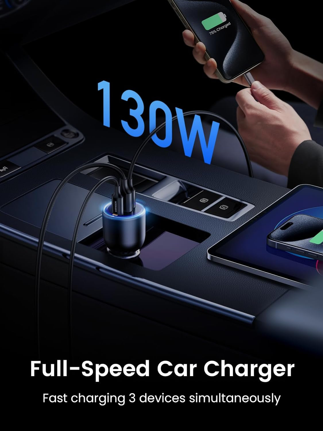 130W Laptop USB C Car Charger Fast Charging, 3 Ports Cigarette Lighter Adapter, PD3.0/QC4.0/PPS 45W, LED Light, Compatible with Macbook, Ipad, Iphone 16, Galaxy S24, with a 100W USB C Cable